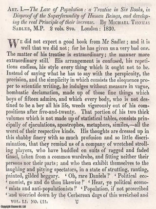 Sadler's Law of Population, and Disproof of Human Superfecundity. An article printed in. POPULATION IN 1830 : MACAULAY.