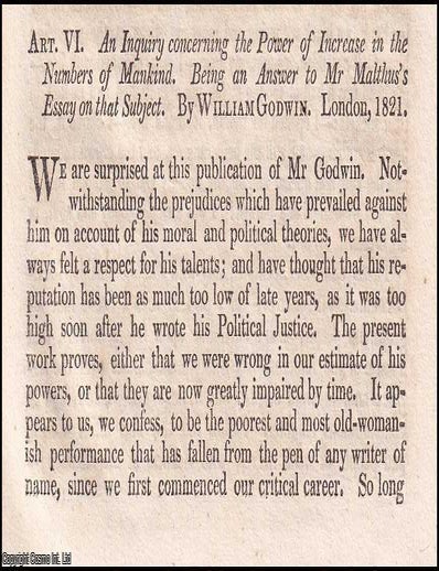 Item #375145 Malthus Replies to Godwin ; Population, Poverty, and the Limits of Optimism. An...