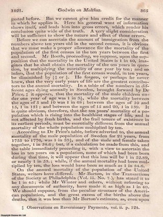 Malthus Replies to Godwin ; Population, Poverty, and the Limits of Optimism. An article printed in 1821, written by T.R. Malthus : 15 Pages.