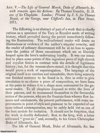 General Monk and the Restoration : The Life of General Monk, Duke of Albemarle. An article. GENERAL MONK : THE DUKE.