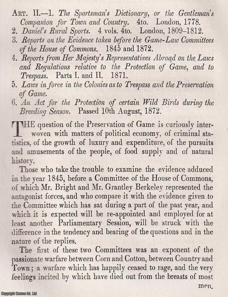 Item #375158 Laws and Customs of Sport : Game, Trespass, and the Changing Landscape of Field Pursuits. An article printed in 1873, written by J. A. Hardcastle. 26 pages. RURAL SPORT THE EVOLUTION OF BRITAIN'S GAME LAWS, PROTECTION THE SHIFTING BALANCE BETWEEN PRIVILEGE, PUBLIC RIGHTS.