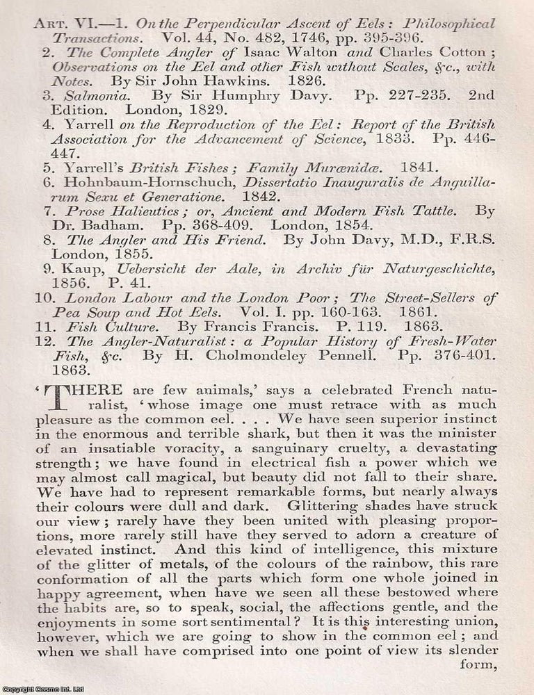 Item #375160 Eels : Migration, Myth, and the Market Stall. An article printed in 1864, written by William Houghton. 27 pages. CULINARY ROLE THE EEL'S BIOLOGY, CURIOUS PLACE IN CLASSICAL, POPULAR IMAGINATION.