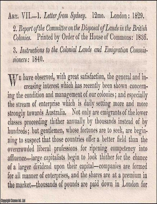 Item #375175 New Theory of Colonization : Wakefield's System and the Economics of Emigration. An article printed in 1840, written by James Spedding. 27 pages. WAKEFIELD'S SCHEME FOR SHAPING COLONIES THROUGH REGULATED L., ASSISTED EMIGRATION.