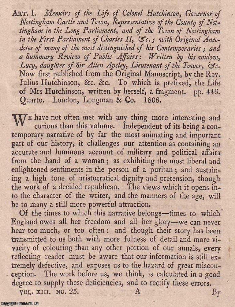 Item #375182 The Life of Colonel Hutchinson : Governor of Nottingham Castle during the Long Parliament. An article printed in 1808, written by Francis Jeffrey. 25 pages. ONE OF THE ENGLISH CIVIL WAR'S MOST VIVID MEMOIRS.