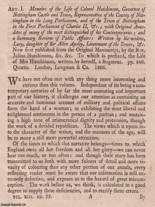 The Life of Colonel Hutchinson : Governor of Nottingham Castle during the Long Parliament. An. ONE OF THE ENGLISH CIVIL.