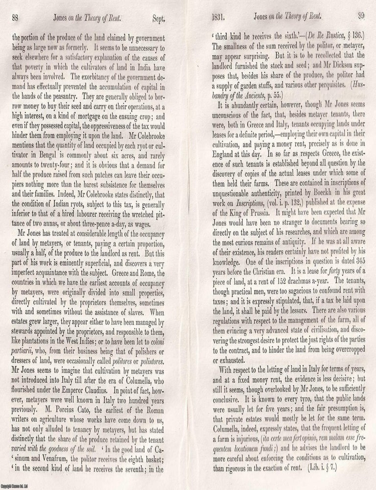 Item #375299 Rent, Wealth, and Taxation: Jones's Challenge to Classical Economics. An article printed in 1831, written by J. R. McCulloch. 14 Pages. JONES'S REASSESSMENT OF RENT, TAX THEORY. PRINTED IN 1831.