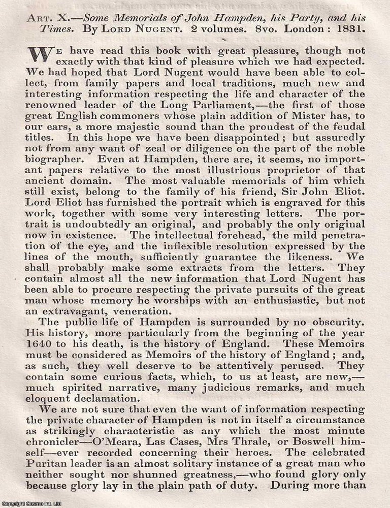 Item #375302 Hampden Remembered: Lord Nugent's Portrait of a Parliamentary Patriot. An article printed in 1831, written by T. B. Macaulay. 45 Pages. CHAMPION OF PARLIAMENT: JOHN HAMPDEN. PRINTED IN 1831.