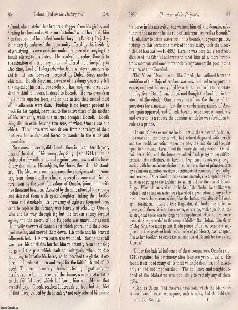 Item #375303 The Rajpoot States: Colonel Tod's History and Observations of Rajasthan. An article printed in 1832, written by William Erskine. 25 pages. RAJPUTANA REVISITED: ERSKINE ON TOD'S HISTORY, OBSERVATIONS. PRINTED IN 1832.