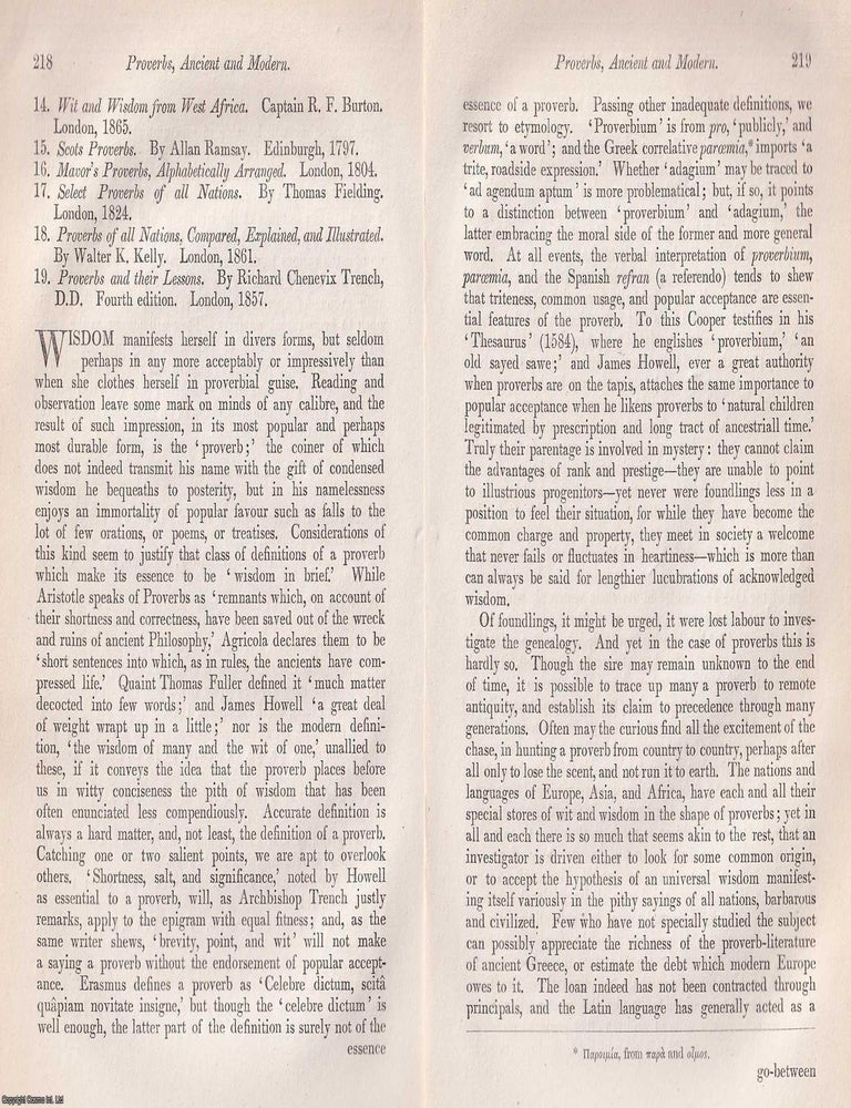 Item #375310 Wisdom in Many Tongues: A Study of Ancient and Modern Proverbs. An article printed in 1868, written by James Davies. 36 Pages. ANCIENT, MODERN PROVERBS IN COMPARATIVE VIEW. PRINTED IN 1868.