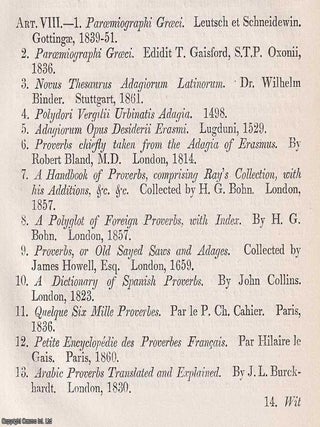 Wisdom in Many Tongues: A Study of Ancient and Modern Proverbs. An article printed in 1868, written by James Davies. 36 Pages.