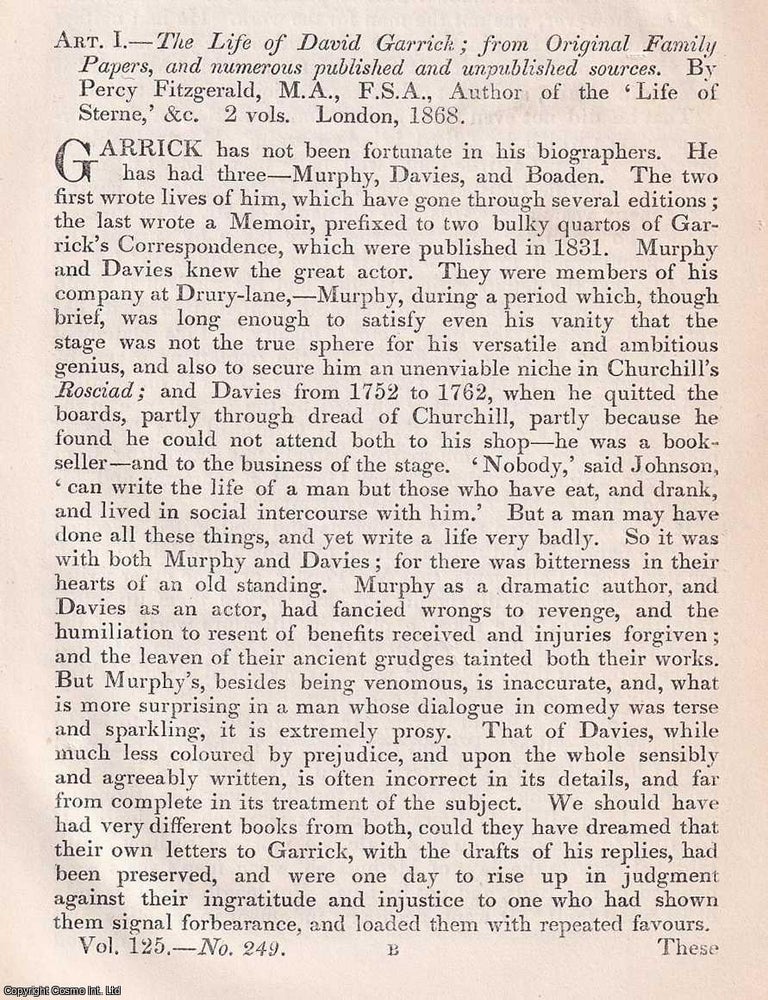 Item #375311 Garrick on the Stage: A Portrait of an Eighteenth Century Actor. An article printed in 1868, written by Theodore Martin. 47 pages. GARRICK IN HIS PRIME: THE CRAFT, INFLUENCE OF A. STAGE ICON. PRINTED IN 1868.