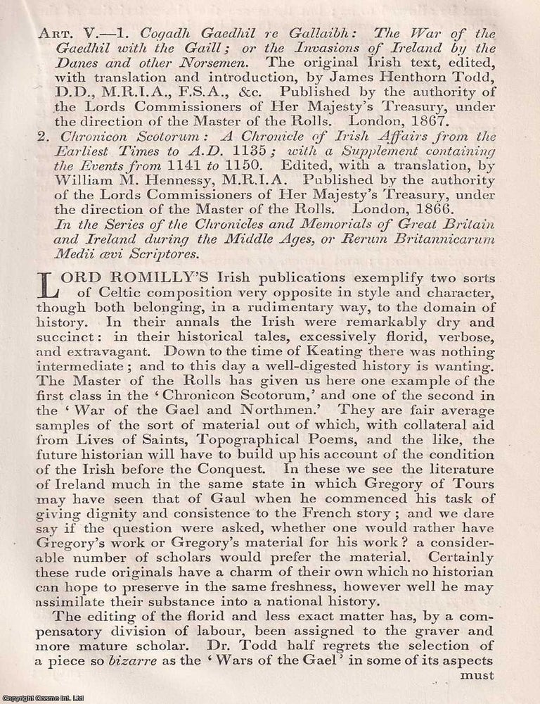 Item #375312 Early Ireland Recovered: Romilly's Editions of Gaelic Chronicles. An article printed in 1868, written by Samuel Ferguson. 22 pages. ROMILLY'S REVIVAL OF GAELIC CHRONICLES. PRINTED IN 1868.