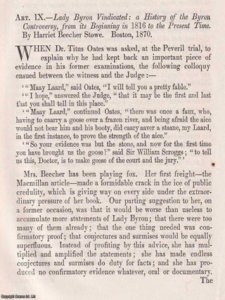 The Byron Controversy Reopened: Lady Byron, Mrs Stowe, and Public Judgment. An article printed in. LADY BYRON REASSESSING BYRON: STOWE.