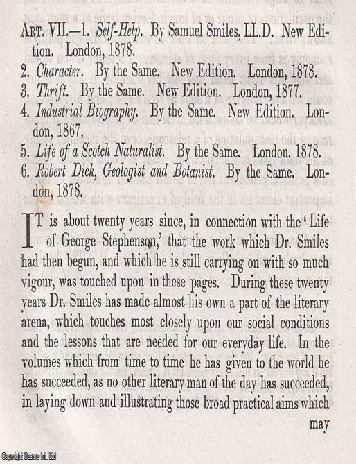 Item #375321 The Literature of Self-Help: Assessing Samuel Smiles's Influence. An article printed...