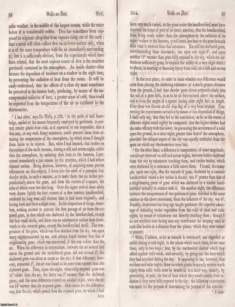 Item #375323 Dew and Its Mysteries: Wells's Observations on Atmospheric Phenomena. An article printed in 1814, written by Thomas Young. 10 Pages. WELLS'S EARLY INQUIRY INTO ATMOSPHERIC SCIENCE. PRINTED IN 1814.