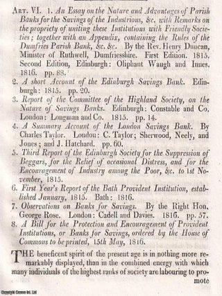 Saving Banks and Social Improvement: Early Arguments for Thrift. An article printed in 1816, THRIFT AS REFORM: SAVING BANKS.