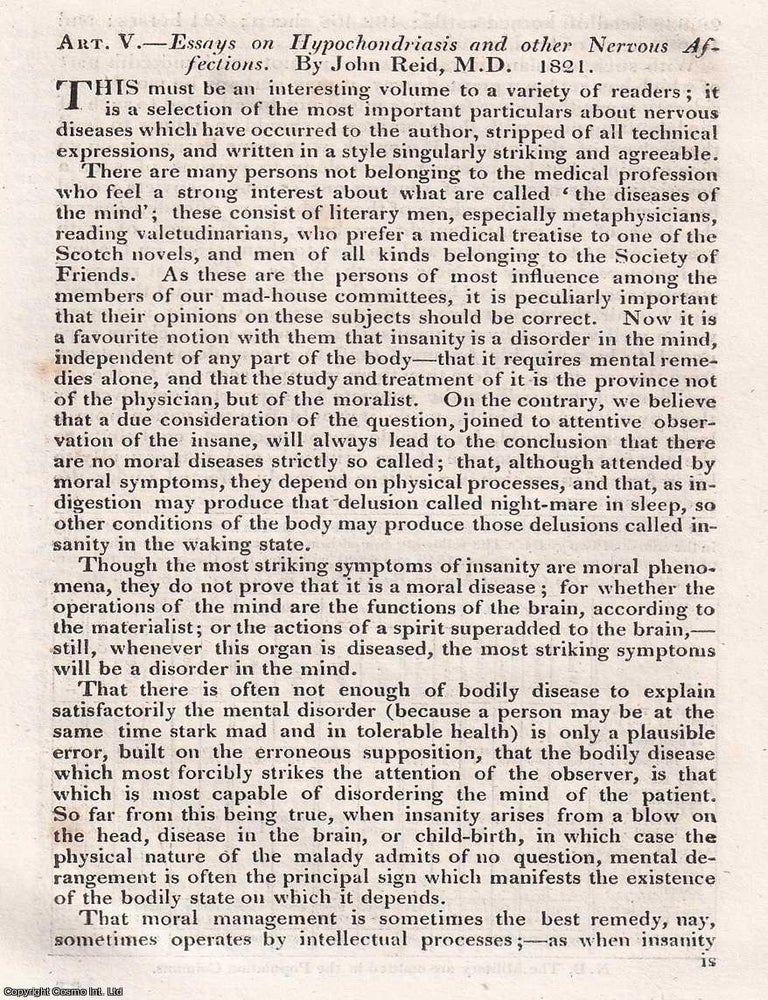 Item #375341 Nervous Afflictions Explained: John Reid on Hypochondriasis. An article printed in 1822, written by Robert Gooch. 14 pages. UNDERSTANDING HYPOCHONDRIA: REID'S EARLY STUDY OF NERVOUS DISORDERS. PRINTED IN 1822.