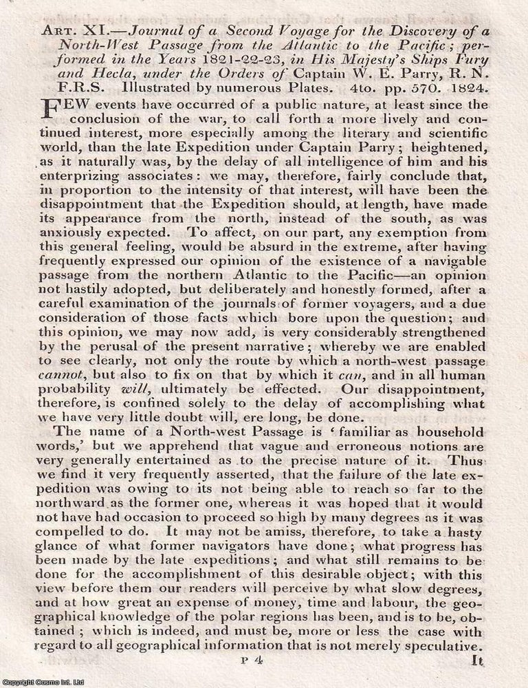 Item #375343 Parry's Second Voyage with HMS Fury & Hecla: Renewed Efforts Toward the Northwest Passage. An article printed in 1823, written by John Barrow. 41 pages. FURY, HECLA'S NORTHWARD DRIVE: PARRY'S SECOND ATTEMPT AT THE NORTH-WEST PASSAGE. PRINTED IN 1823.