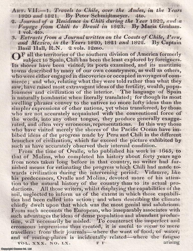 Item #375347 Travels in Chile and Peru: Observations from Schmidtmeyer, Graham, and Hall. An article printed in 1824, written by William Jacob. 31 Pages. ACROSS THE ANDES: TRAVELLERS' VIEWS OF CHILE, PERU. PRINTED IN 1824.