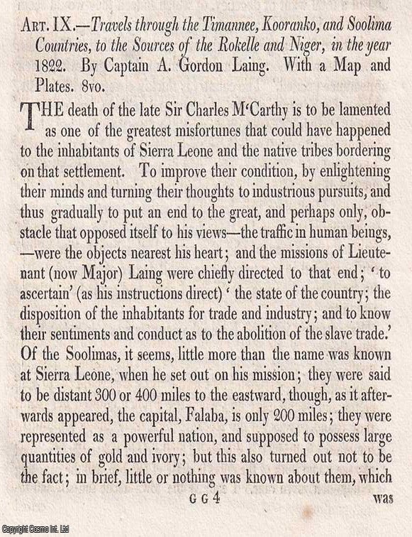 Item #375357 Into the Interior: Travels to the Sources of the Rokelle and Niger. An article printed in 1825, written by John Barrow. 28 pages. TOWARD THE NIGER: BARROW'S ACCOUNT OF WEST AFRICAN EXPLORATION. PRINTED IN 1825.