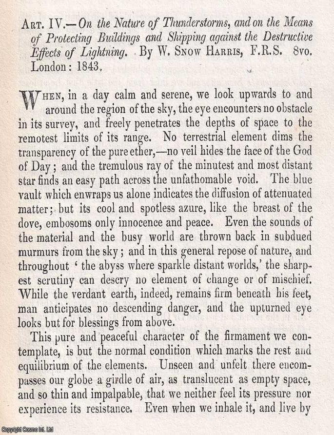 Item #375371 Lightning and Its Perils: Harris's Work on Storm Protection. An article printed in 1844, written by David Brewster. 29 Pages. HARRIS ON LIGHTNING, PROTECTION. PRINTED IN 1844.