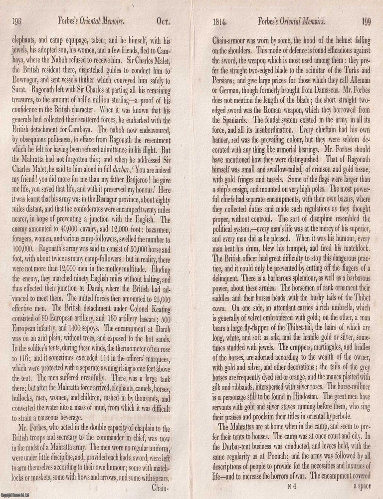 Item #375383 Across Continents: Forbes's Oriental Memoirs Reviewed. An article printed in 1814, written by Robert Southey. 50 pages. FORBES'S OBSERVATIONS FROM INDIA, AFRICA. PRINTED IN 1814.