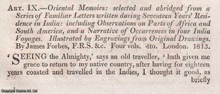 Across Continents: Forbes's Oriental Memoirs Reviewed. An article printed in 1814, written by Robert Southey. 50 pages.