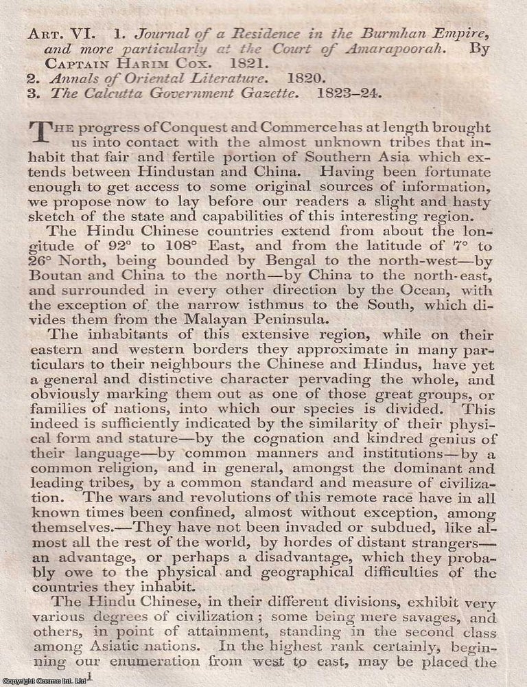 Item #375390 The Hindu-Chinese Nations: Culture, Government, and European Misreadings. An article printed in 1826, written by Sydney Smith. 21 Pages. THE CULTURES, GOVERNANCE OF HINDU CHINESE NATIONS. PRINTED IN 1826.