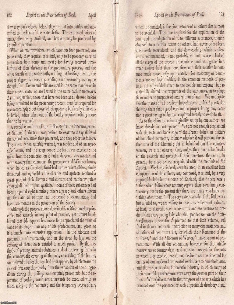 Item #375392 Preserving Perishables: Animal & Vegetable Substances. Appert's Method and Its Promise. An article printed in 1814, written by An Edinburgh Review Contributor. 27 Pages. APPERT'S BREAKTHROUGH IN FOOD PRESERVATION. PRINTED IN 1814.