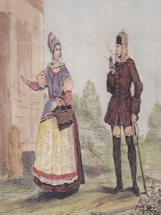 Costumes Hollandais - Amiral De Winter - Pichegru, engraved by Reville and Couche, and issued in 1835. A woman of Zeeland and a man of the Zuiderzee - depicted in richly detailed traditional costume. Below are two half length portrait medallions of Revolutionary era military figures: the Dutch born French admiral Jan Willem de Winter and the celebrated general Charles Pichegru. A bright, attractive example of mid 1830s hand coloured steel engraving.