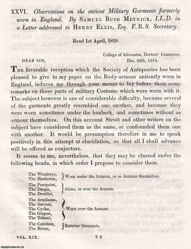 Item #375723 Observations on the antient Military Garments formerly worn in England. An article printed in 1819, written by Samuel Rush Meyrick : 32 pages. BAYEUX TAPESTRY RELATED.