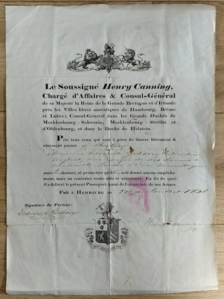 Henry Canning in Hamburg, 1838: A British Diplomat Endorsed Hanseatic Senate Document. An original document, measuring 27 x 43.5 cms.