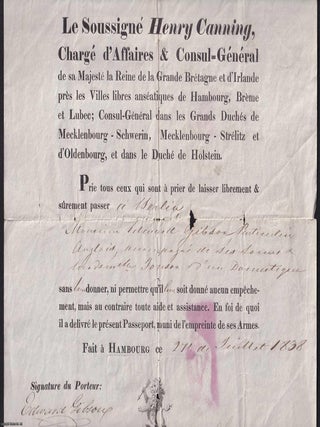 Henry Canning in Hamburg, 1838: A British Diplomat Endorsed Hanseatic Senate Document. An original document, measuring 27 x 43.5 cms.