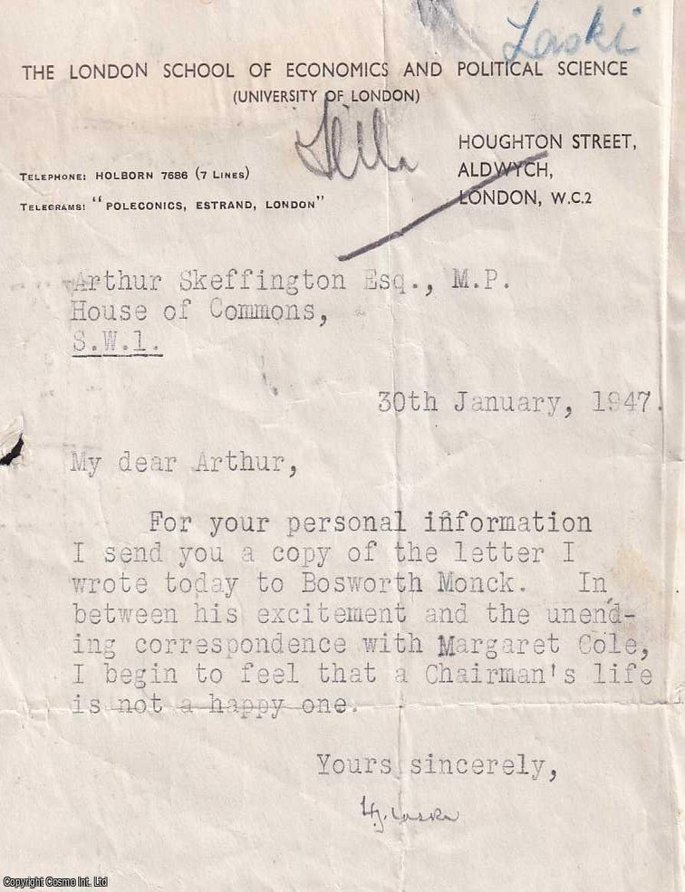 Item #375805 Signed 1947 Harold Laski Note regarding Fabian Matters on LSE Headed Paper. FABIAN POLITICS HAROLD LASKI, 1947 ARTHUR SKEFFINGTON.