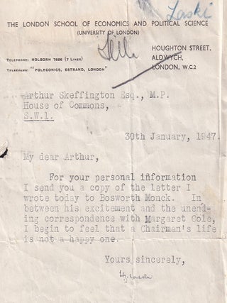 Signed 1947 Harold Laski Note regarding Fabian Matters on LSE Headed Paper.