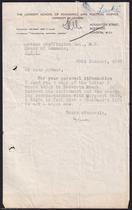 Signed 1947 Harold Laski Note regarding Fabian Matters on LSE Headed Paper.