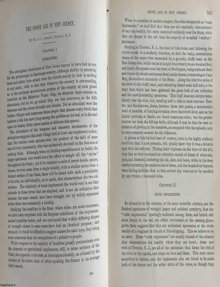 Item #375955 The Stone Age in New Jersey by C.C. Abbott, 135 pages & 223 figures ; Eulogy on Alexander Volta by Arago, 27 pages ; Natural History of Geneva by M.A. De Candolle, 24 pages ; The Past & Future of Geology by Joseph Prestwich, 21 pages : All contained in the complete volume of The Annual Report of the Smithsonian Institution, 1876. STUDIES IN SCIENCE AND HISTORY FROM THE SMITHSONIAN.