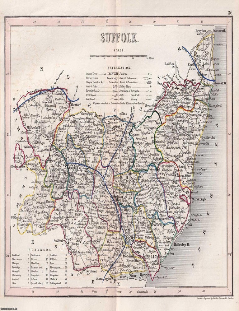 Item #376101 1850 Suffolk. Outline Hand Coloured Map, Engraved by J. Archer, Pentonville, London....