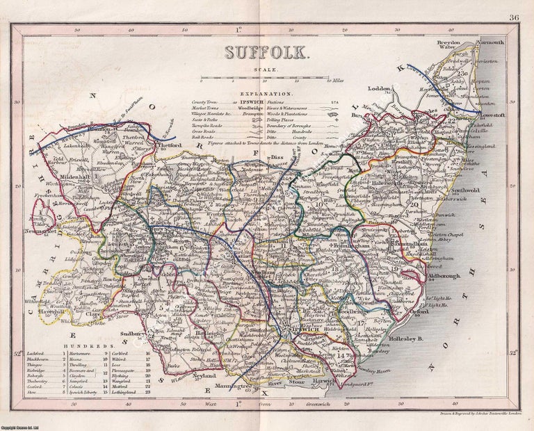 Item #376101 1850 Suffolk. Outline Hand Coloured Map, Engraved by J. Archer, Pentonville, London....