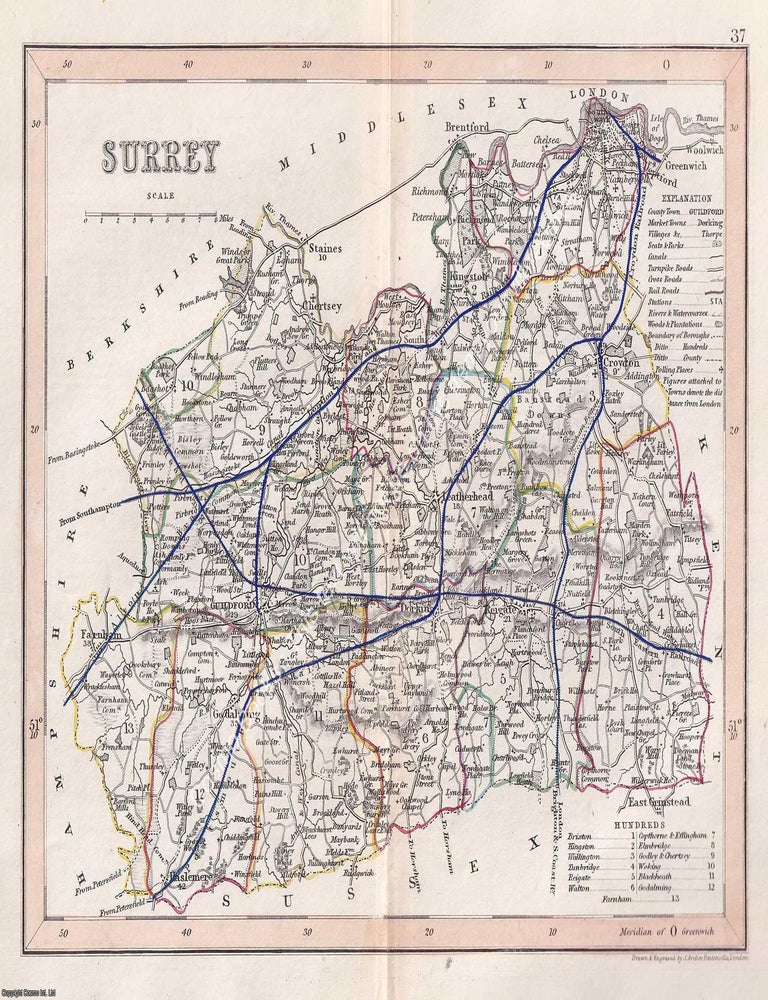 Item #376102 1850 Surrey. Outline Hand Coloured Map, Engraved by J. Archer, Pentonville, London....