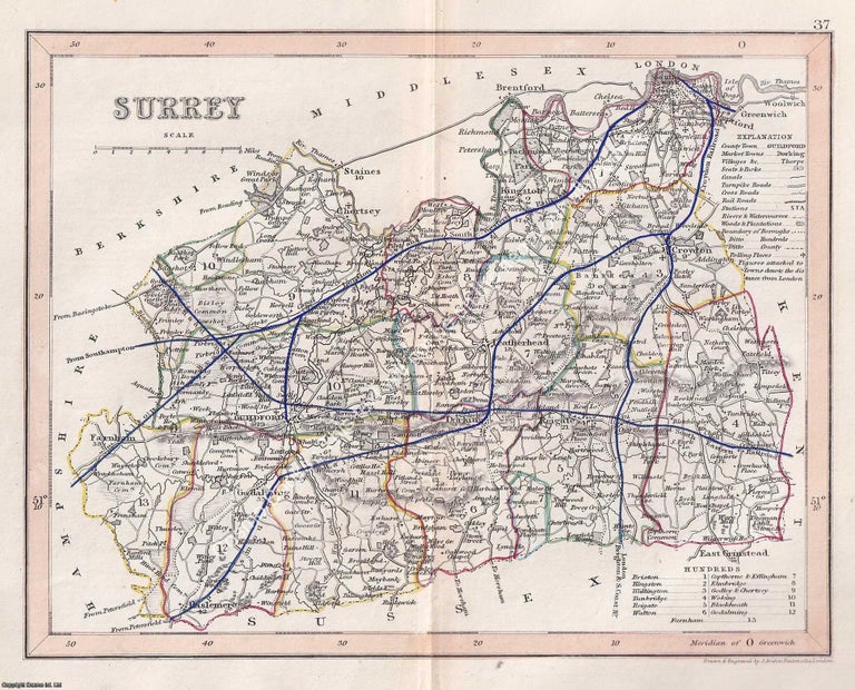 Item #376102 1850 Surrey. Outline Hand Coloured Map, Engraved by J. Archer, Pentonville, London....