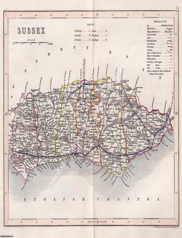Item #376103 1850 Sussex. Outline Hand Coloured Map, Engraved by J. Archer, Pentonville, London....