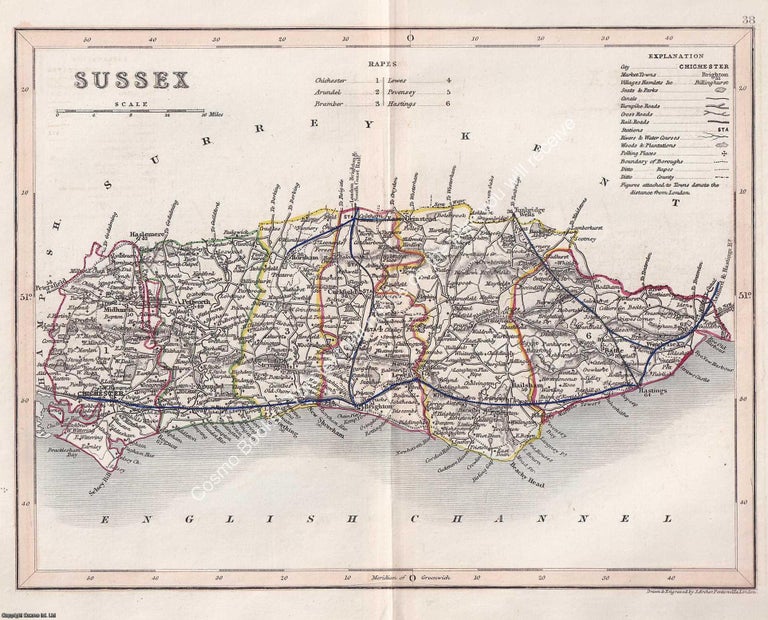 Item #376103 1850 Sussex. Outline Hand Coloured Map, Engraved by J. Archer, Pentonville, London....