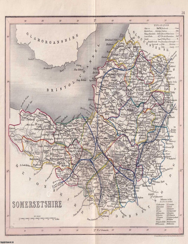 Item #376104 1850 Somersetshire. Outline Hand Coloured Map, Engraved by J. Archer, Pentonville,...