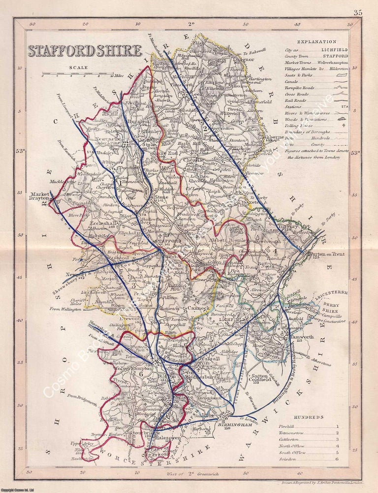 Item #376105 1850 Staffordshire. Outline Hand Coloured Map, Engraved by J. Archer, Pentonville,...