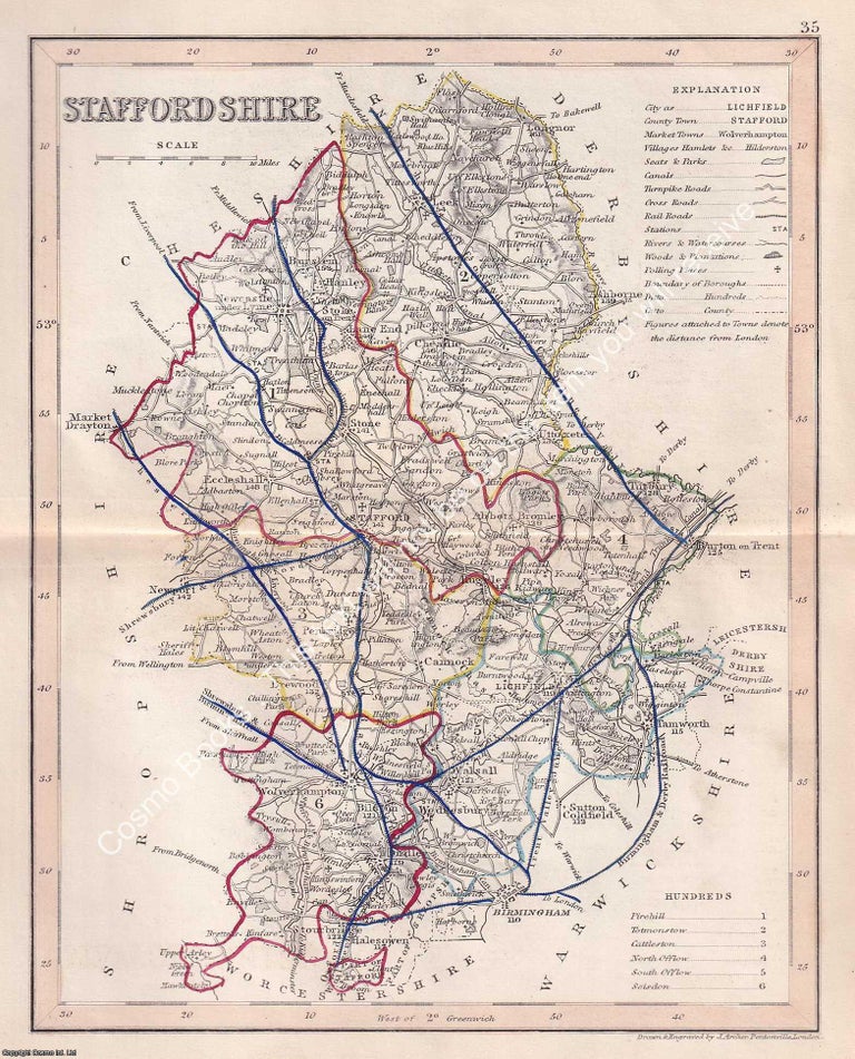 Item #376105 1850 Staffordshire. Outline Hand Coloured Map, Engraved by J. Archer, Pentonville,...