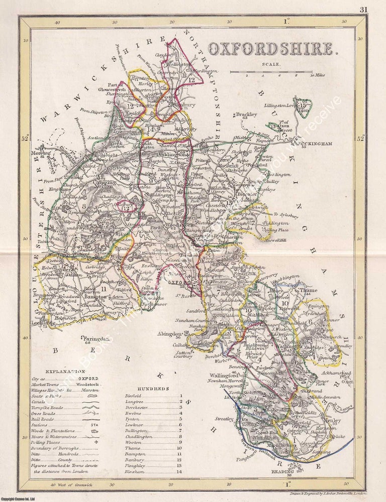Item #376108 1850 Oxfordshire. Outline Hand Coloured Map, Engraved by J. Archer, Pentonville,...
