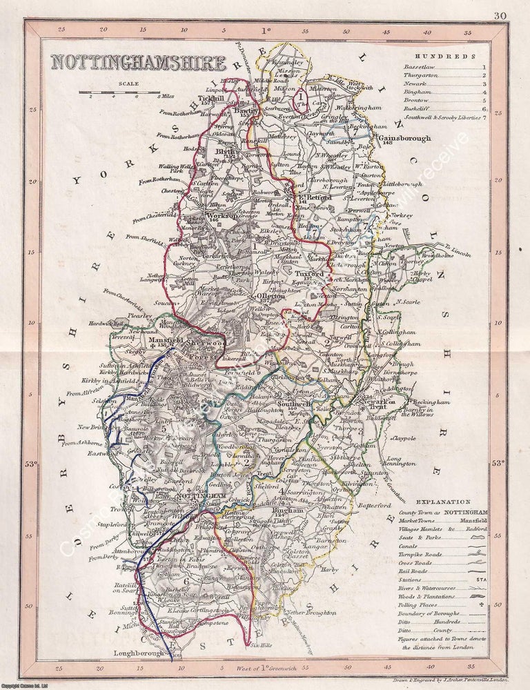 Item #376109 1850 Nottinghamshire. Outline Hand Coloured Map, Engraved by J. Archer, Pentonville,...