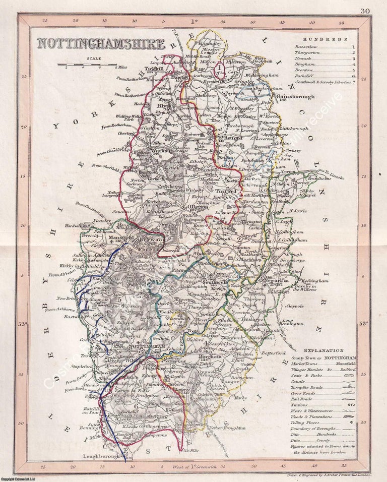 Item #376109 1850 Nottinghamshire. Outline Hand Coloured Map, Engraved by J. Archer, Pentonville,...