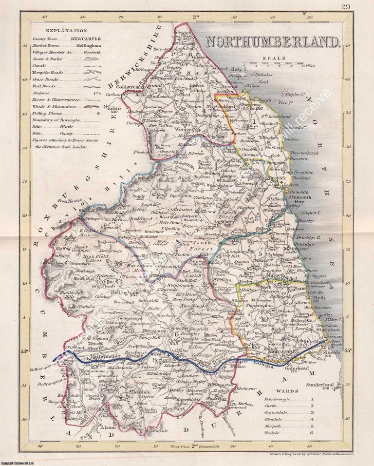 Item #376110 1850 Northumberland. Outline Hand Coloured Map, Engraved by J. Archer, Pentonville,...